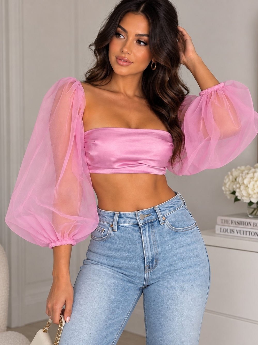 Zara Pink Satin Bandeau Crop Top with Sheer Puff Sleeves